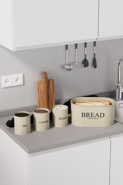 hemlife 4-Piece Bread Set Metal Cover Tea Coffee Sugar Countertop Cabinet Set Cream/Black