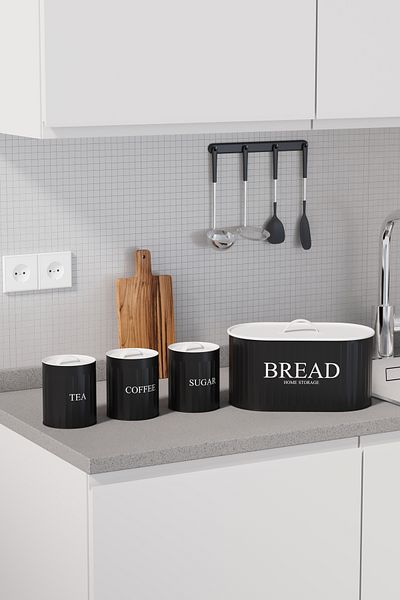 hemlife 4-Piece Bread Set Metal Cover Tea Coffee Sugar Countertop Cabinet Set Black/White
