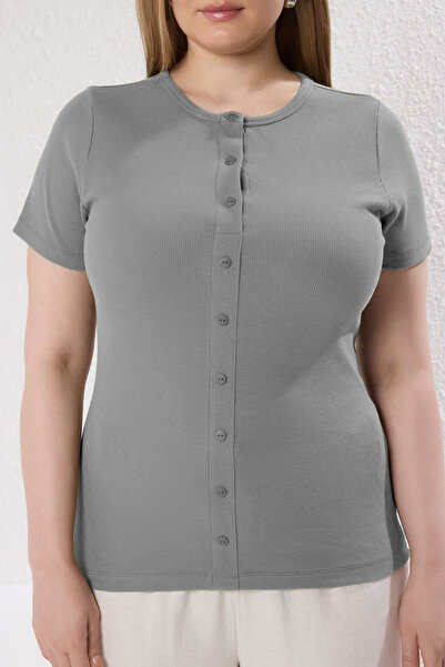 Trendyol Curve Gray Button Detailed Fitted Cord Knitted Large Size Blouse Tbbss25Af00060