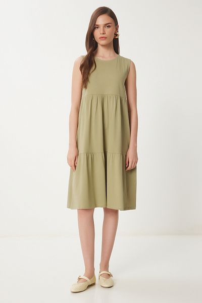 Happiness İstanbul Khakifarbenes ärmelloses Basic-Sommer-Strickkleid für Damen CR00479