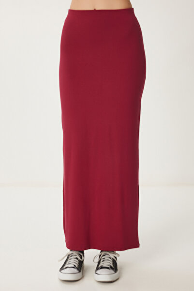 Happiness İstanbul Women's Burgundy Slit Midi Knitted Skirt Ub00366