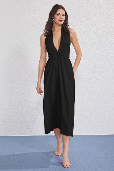 Trendyol Collection Black Woven Deep V-Neck Back Detail Beach Dress Tbess25El00136