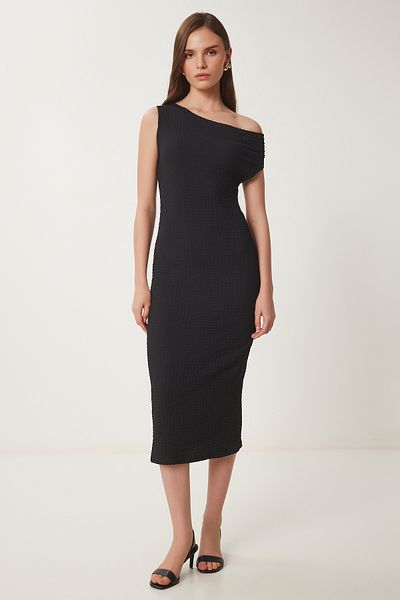 Happiness İstanbul Women's Black Textured Summer Midi Knitted Dress Zv00273