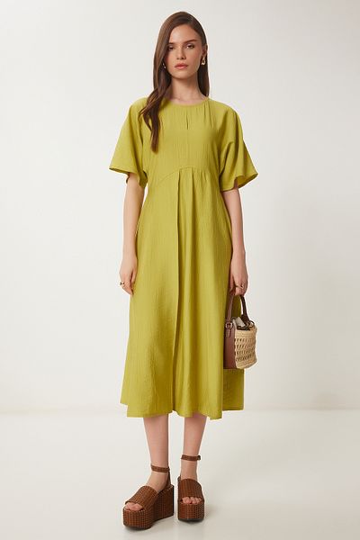 Happiness İstanbul Women's Oil Green Crinkle Effect Midi Woven Dress Ub00365