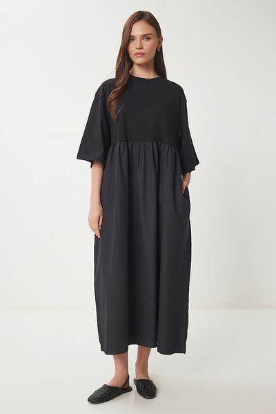 Happiness İstanbul Rochie supradimensionată pentru femei, neagră, tricotată, elastică, cu fustă din popelin FZ00002