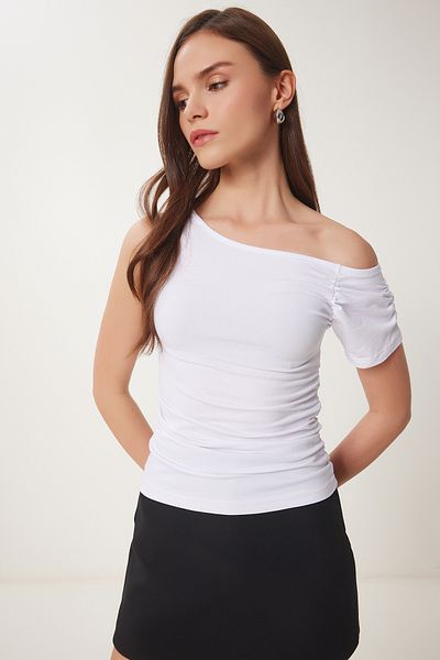 Happiness İstanbul Women's White Gather Detailed Knitted Blouse Zv00275