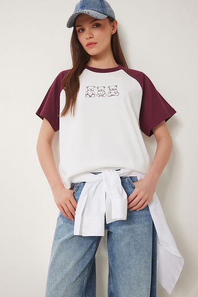 Happiness İstanbul Damen-T-Shirt aus gestrickter Baumwolle mit Knochen-Teddybär-Aufdruck in Burgunderrot CR00477