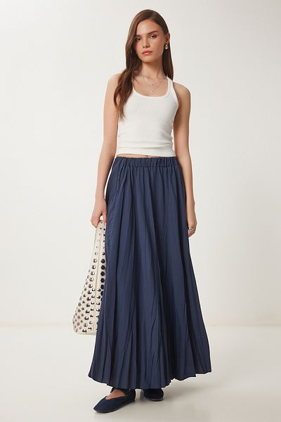 Happiness İstanbul Marineblauer, ausgestellter, gewebter Sommerrock mit Falteneffekt für Damen DD01347