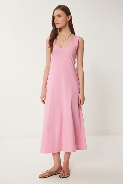 Happiness İstanbul Rosa ärmelloses Basic-Sommer-Strickkleid für Damen CR00478
