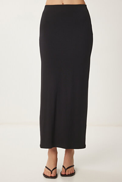Happiness İstanbul Dámská černá pletená sukně Midi s rozparkem UB00366