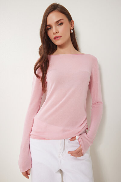 Happiness İstanbul Kadın Pembe Kayık Yaka Mevsimlik Triko Bluz YY00231