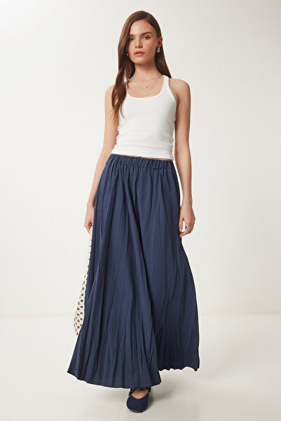 Happiness İstanbul Női sötétkék ráncos hatású nyári kiszélesedő szőtt szoknya DD01347