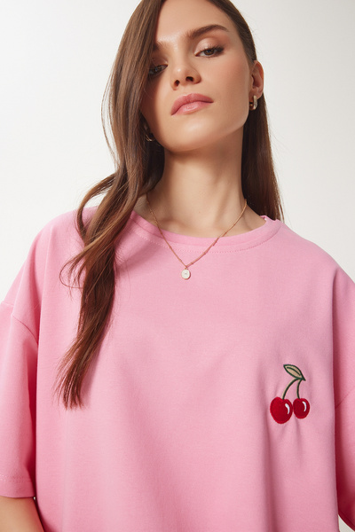 Happiness İstanbul Női rózsaszín túlméretes hímzett kötött póló ZV00276