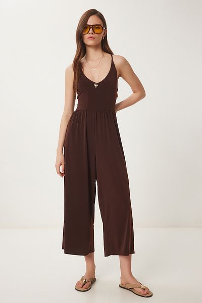 Happiness İstanbul Brauner Damen-Strickoverall mit V-Ausschnitt und Seilriemen UB00067