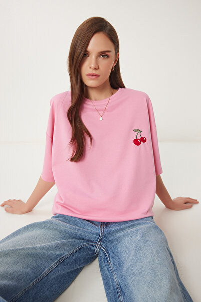 Happiness İstanbul Női rózsaszín túlméretes hímzett kötött póló ZV00276