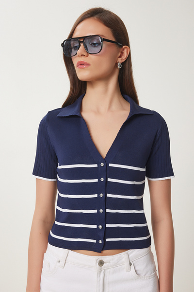 Happiness İstanbul Women's Navy Blue White Striped Seasonal Knitwear Cardigan Ub00367