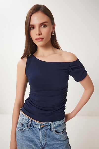 Happiness İstanbul Women's Navy Blue Gather Detailed Knitted Blouse Zv00275