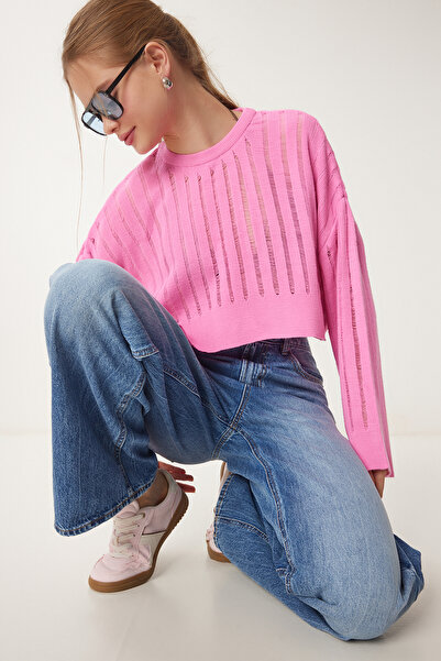 Happiness İstanbul Női világos rózsaszín áttört Crop kötöttáru pulóver MT00147