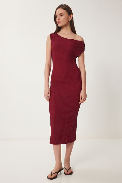 Happiness İstanbul Burgunderrotes strukturiertes Sommer-Midi-Strickkleid für Damen ZV00273