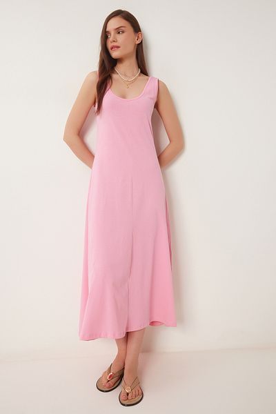 Happiness İstanbul Rosa ärmelloses Basic-Sommer-Strickkleid für Damen CR00478
