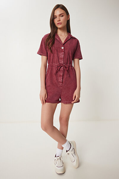 Happiness İstanbul Kadın Bordo Polo Yaka Yıkamalı Yazlık Gabardin Tulum RG00053