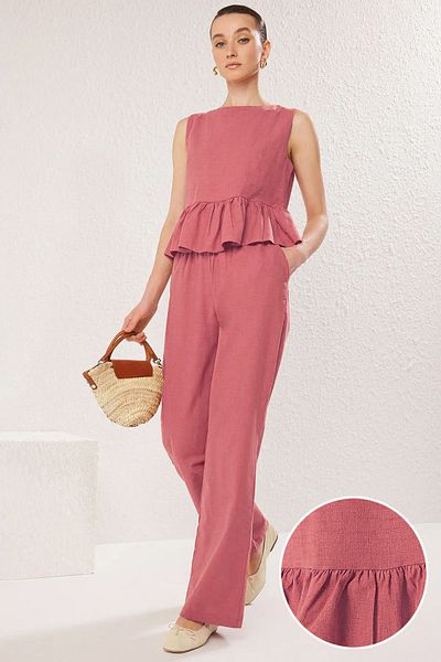Trendyol Collection Pink Linen Look Crew Neck Blouse and Pants Woven Two-Piece Bottom-Top Suit Twoss25Au00081