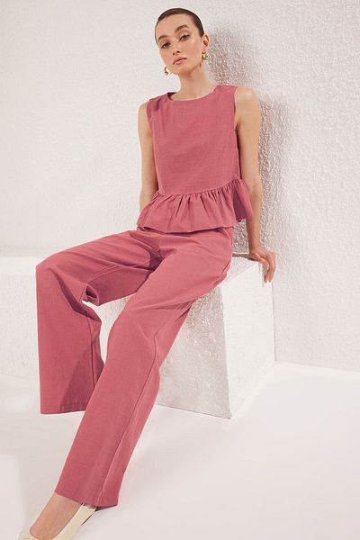 Trendyol Collection Pink Linen Look Crew Neck Blouse and Pants Woven Two-Piece Bottom-Top Suit Twoss25Au00081