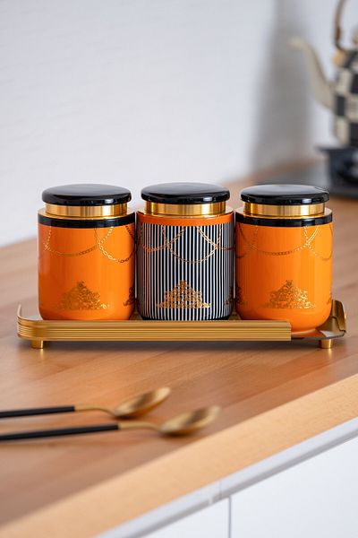 ACAR 3-Piece Porcelain Spice Rack and Glass Tray Tea Sugar Salt Jar Set - KOH-05836