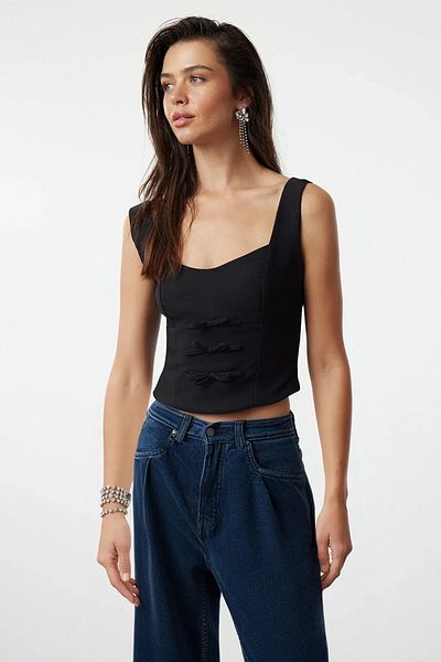 Trendyol Collection Πλεκτή μαύρη μπλούζα - Λεπτομέρεια φιόγκου, TPRSS24BZ00050
