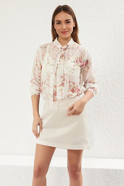 Trendyol Collection Ecru Lacing Detail Floral Print Chiffon Fabric Woven Shirt Twoss25Go00044