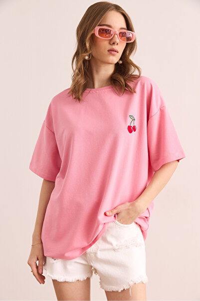 Olalook Women's Cherry Pink Embroidered Ruhala Rope T-Shirt Tsh- 19000870