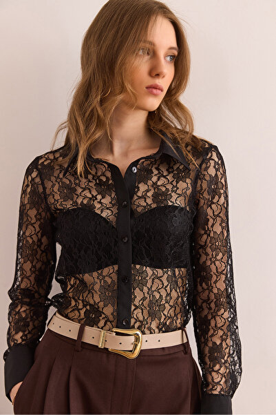 Olalook Women's Black Regular Fit Lace Shirt Model: Gml- 19001313