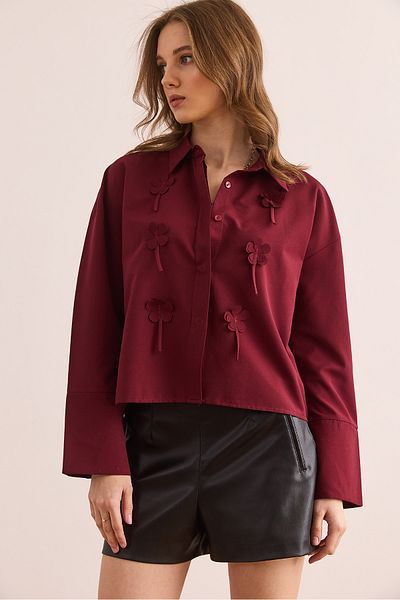 Olalook Cămașă de damă burgundă cu accesorii în față și plăcuță ascunsă GML- 19001314