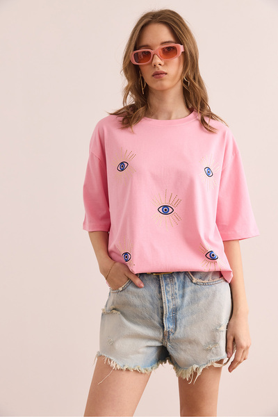 Olalook Γυναικείο μπλουζάκι με στάμπα με ροζ μάτια με λεπτομέρεια από αλουμινόχαρτο TSH- 19000770