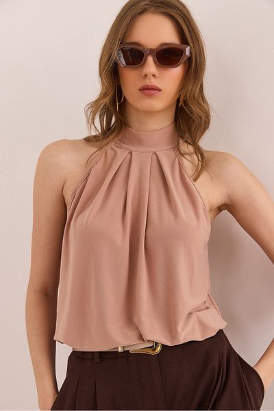 Olalook Women's Camel Collar Buttoned Halter Neck Flowy Blouse Blz- 19002673