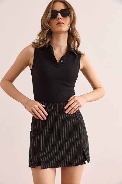 Olalook Kadın Siyah Çizgili Mini Yırtmaçlı Şortlu Etek ETK-19000308