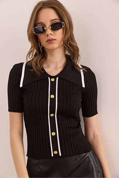 Olalook Women's Black Polo Neck Button Detailed Crop Knitwear Blouse Blz- 19002642