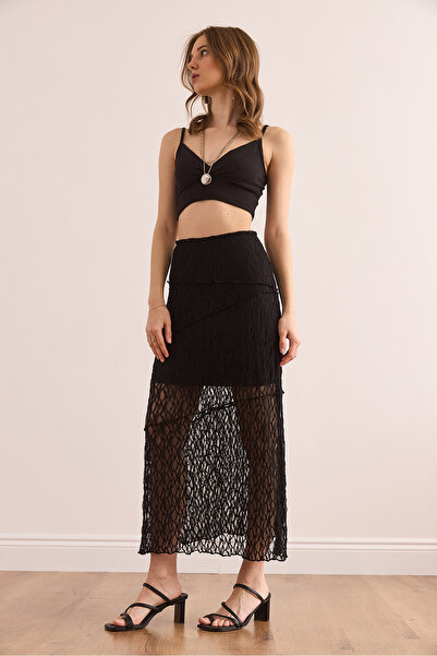 Olalook Kadın Siyah Astarlı Asietrik Dikişli Dantel Etek ETK-19000309