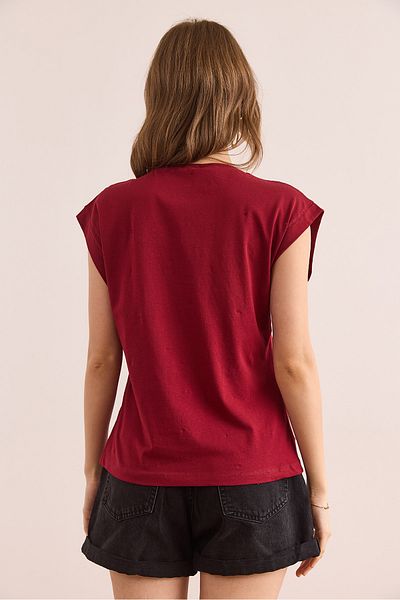 Olalook Tricou de damă din bumbac cu detaliu din piatră de burgundă TSH- 19000812