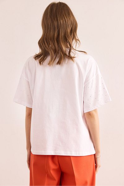 Olalook Damen-T-Shirt mit weißem Aufdruck und Steindetails, reguläre Passform, TSH- 19000831