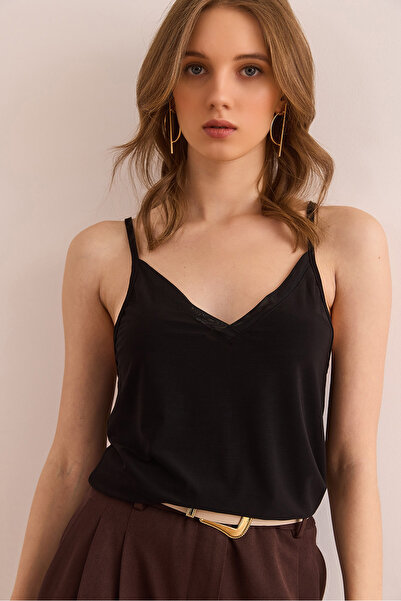 Olalook Women's Black Strappy Tulle Detailed Flowy Blouse Blz- 19002916