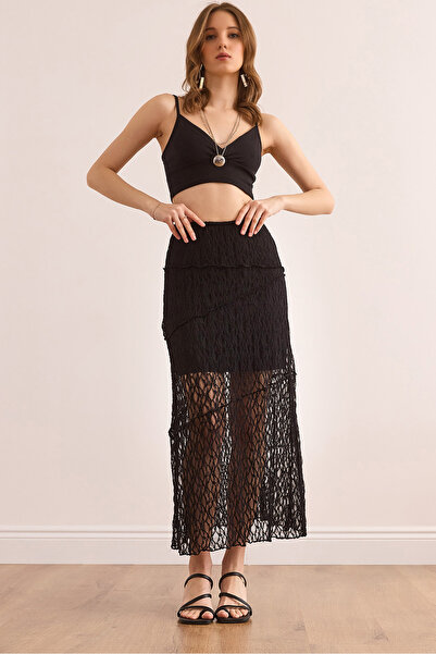 Olalook Kadın Siyah Astarlı Asietrik Dikişli Dantel Etek ETK-19000309