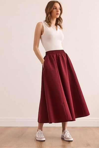 Olalook Burgunderroter Midi-Glockenrock mit elastischer Taille und Taschen für Damen ETK- 19000271