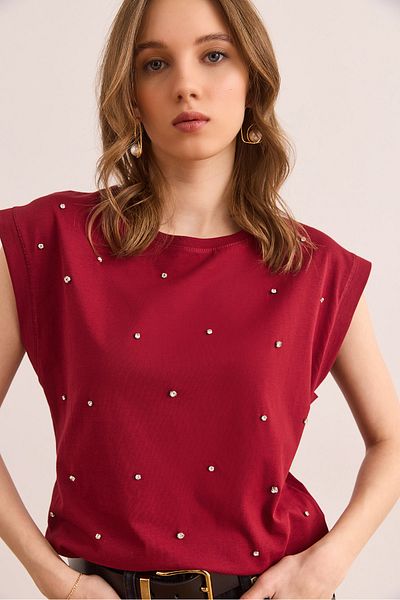Olalook Tricou de damă din bumbac cu detaliu din piatră de burgundă TSH- 19000812