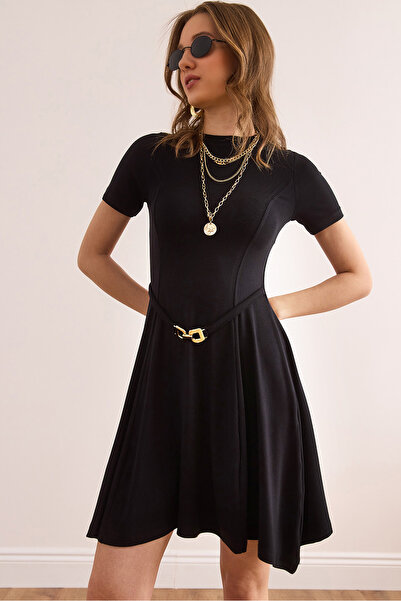 Olalook Kadın Siyah Kendinden Kemer Detaylı Yumuşak Dokulu Çan Elbise ELB-190...