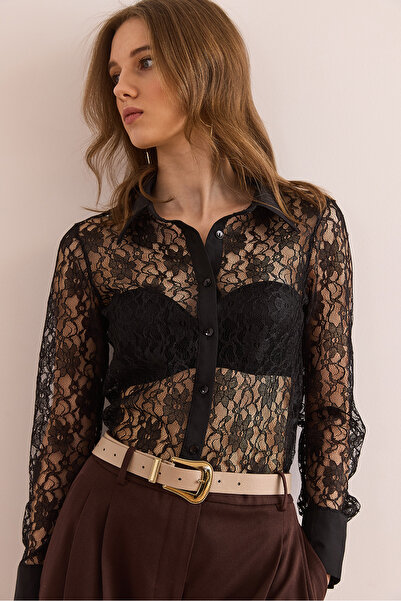 Olalook Women's Black Regular Fit Lace Shirt Model: Gml- 19001313