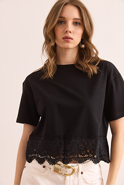 Olalook Women's Black Skirt Guipure Detailed T-Shirt Tsh- 19000873