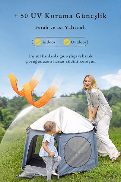 Kiwi Safari Çocuk-Bebek Oyun Parkı Çadırı +50 UV Korumalı,Kolay Kurulum,Alüminyum Sağlam Gövde - Gri