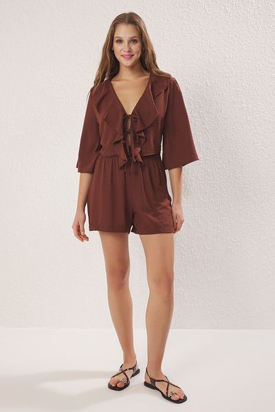 Trendyol Collection Комплект от две части, кафява блуза с волани и тъкани връзки TWOSS25AU00109