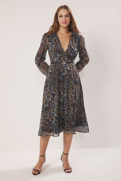 Trendyol Collection Grünes A-Linien-Midikleid mit zweireihigem Kragen und gemustertem Chiffonkleid, gewebtes Kleid TWOAW24EL00660